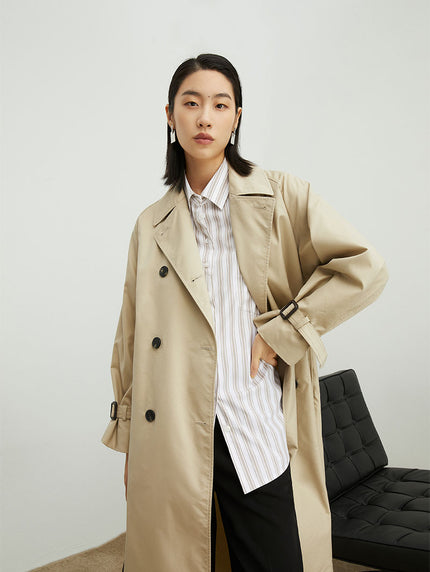 Women's Khaki Notch Lapel Double Breasted Trench Coat