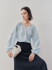 Women's Light Blue Pleat V Neck Long Sleeve Silk Shirt