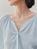 Women's Light Blue Pleat V Neck Long Sleeve Silk Shirt