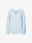 Women's Light Blue Pleat V Neck Long Sleeve Silk Shirt