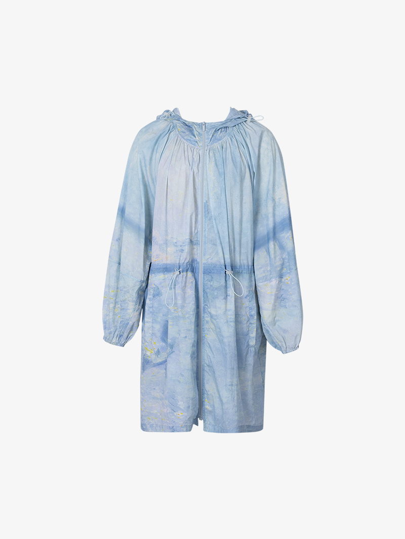 Women's Floral Blue Drawstring Waist Zipper Hoodie Middle Length Jacket