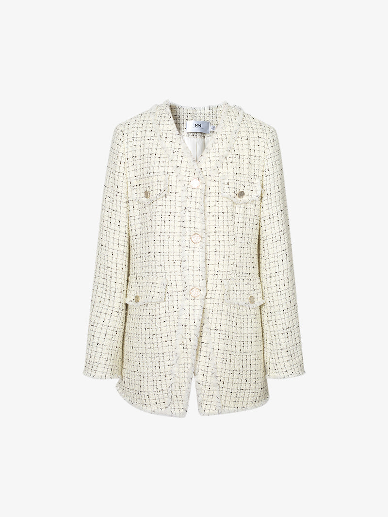 Women's White V Neck Woolen Tweed Coat Jacket