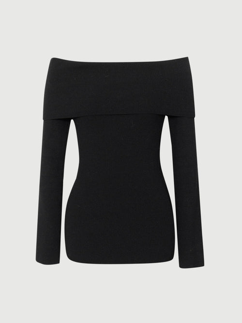 Load image 1 in gallery view. Black off-shoulder top on a light gray background