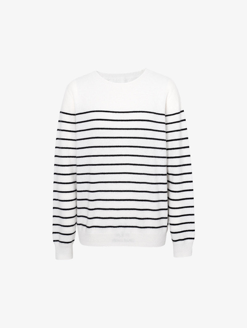 Women's White Stripe Round Neck Knit Cashmere Sweater