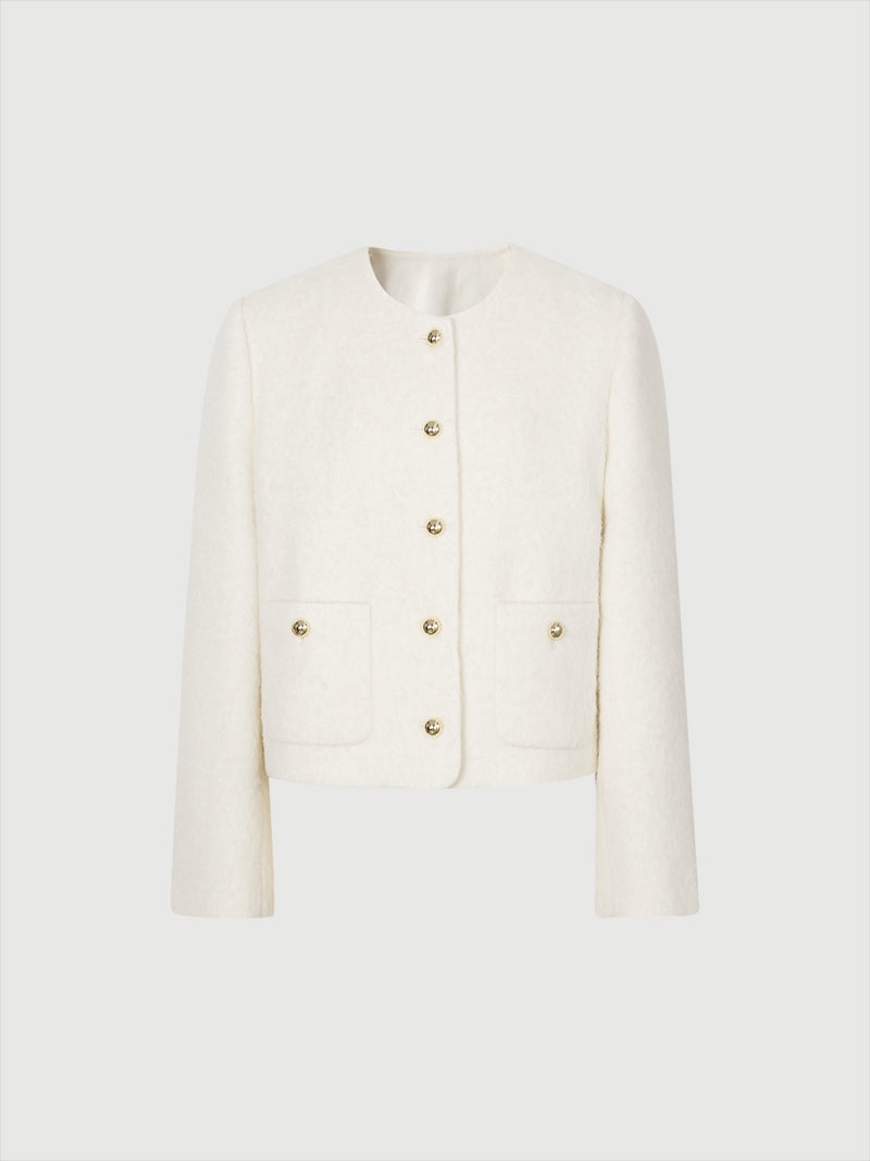 Women's White Round Neck Woolen Tweed Short Coat Jacket