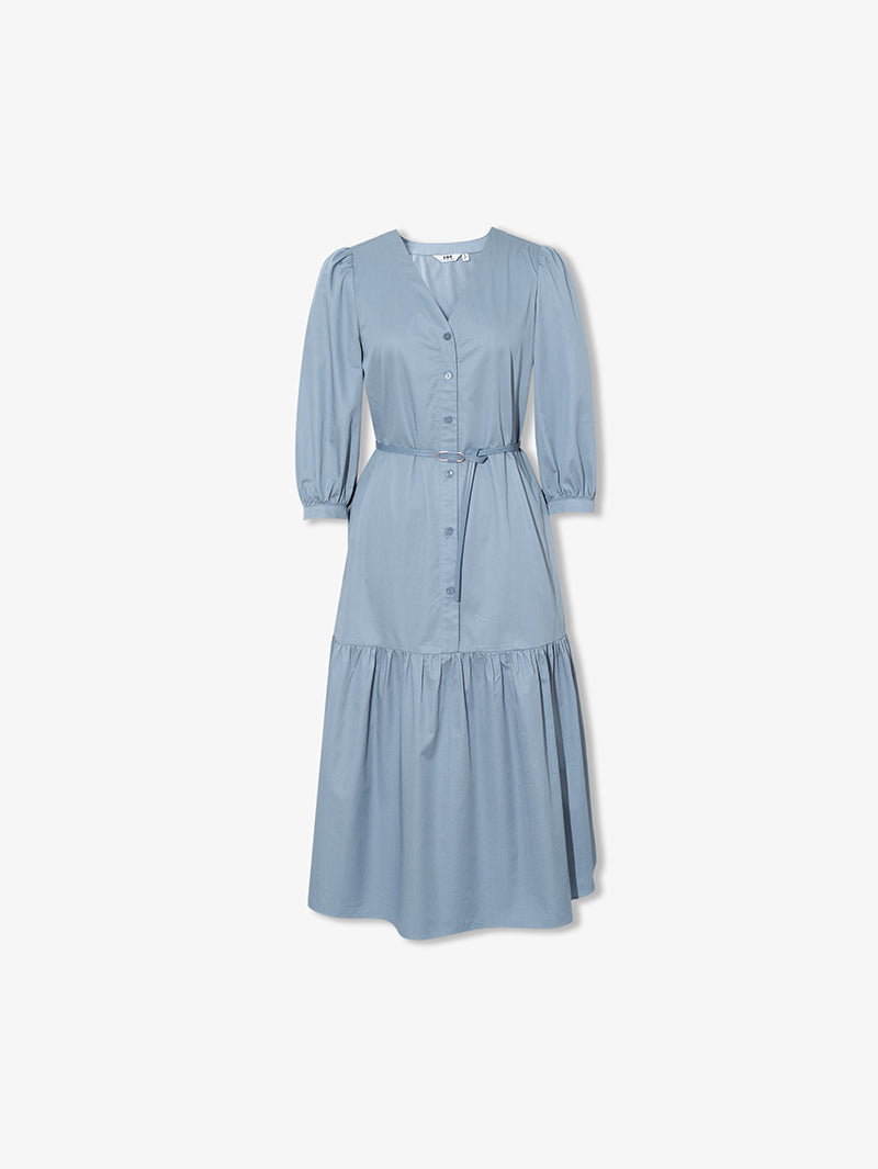 Women's Blue V Neck Puff Sleeve Natural Waist Dress