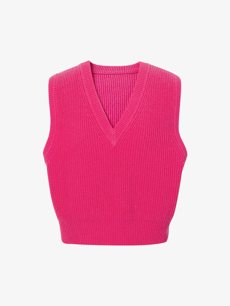Women's Rose Red V Neck Sleeveless 100% Sheep Wool Knit Top