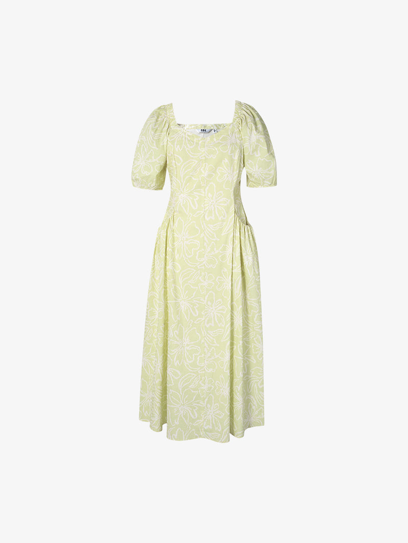 Women's Light Green Square Neck Puff Sleeves Texture Comfy Dress
