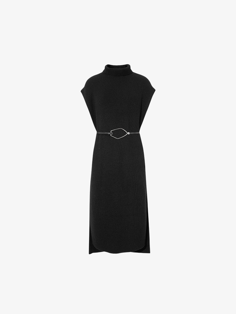 Women's Navy Blue High Neck Knit Wool Sweater Dress
