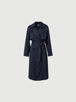 Navy blue mid-length trench coat with button fastening and belt