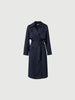 Navy blue mid-length trench coat with button fastening and belt