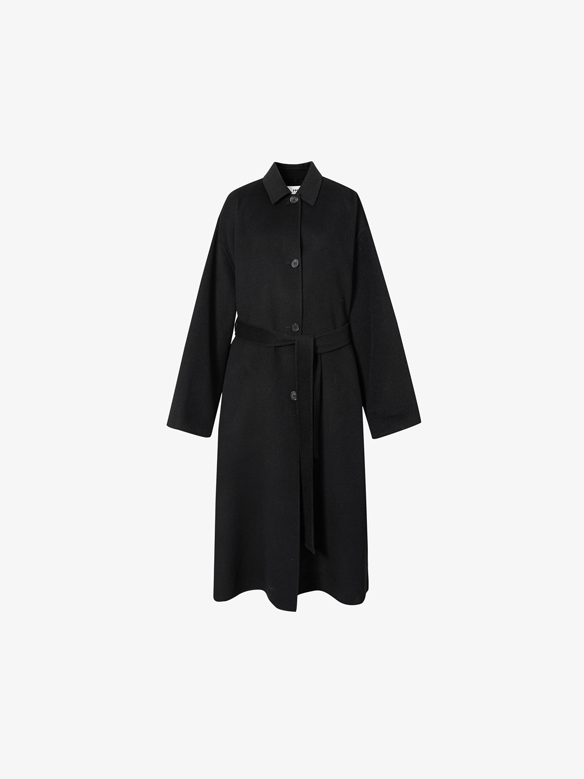 Manteau noir en laine à col droit, coupe droite et boutons