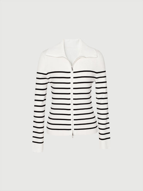 Charger l'image 1 dans la galerie. Veste en tricot à rayures blanches et noires à manches longues et fermeture éclair