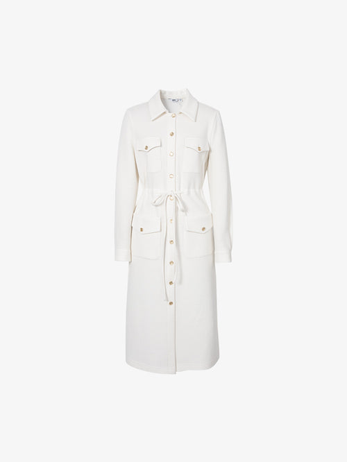 Load image 1 in gallery view. Women's White Wool Classic Collar Long Sleeve Drawstring Wasit Dress