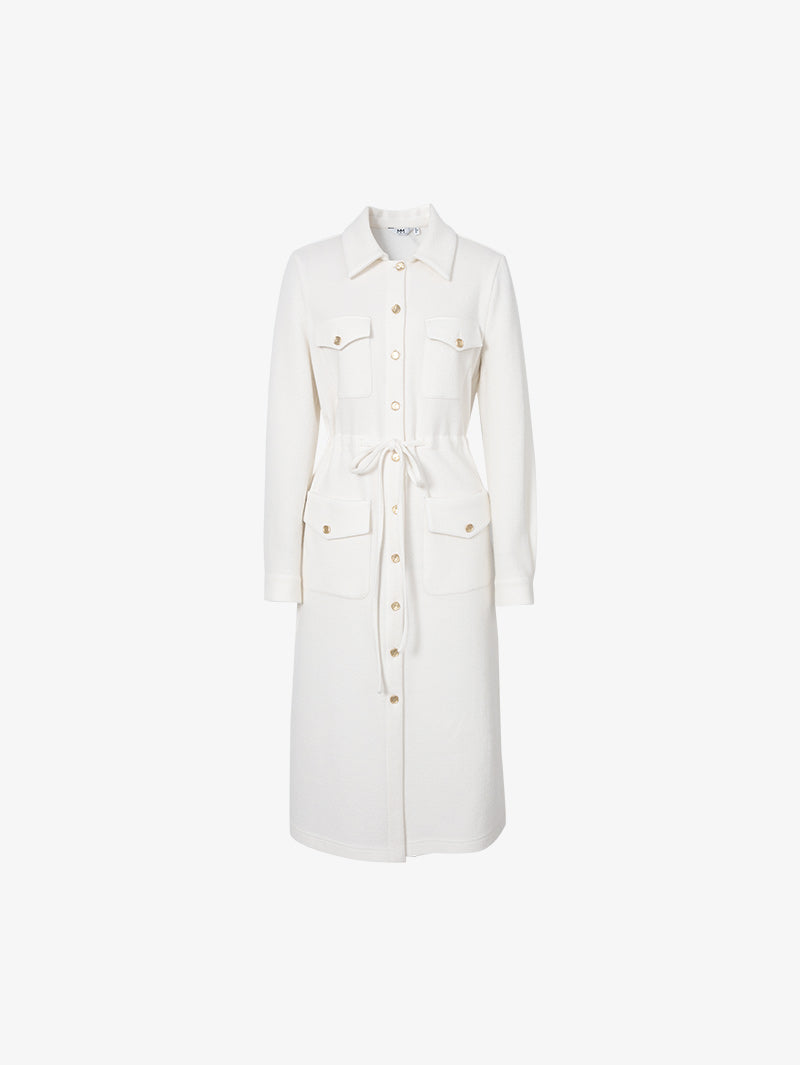 Women's White Wool Classic Collar Long Sleeve Drawstring Wasit Dress