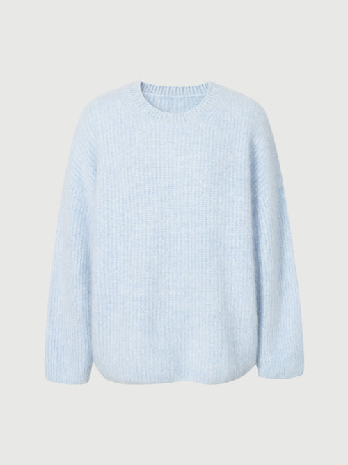 Load image 1 in gallery view. Women's Sky Blue Round Neck Long Sleeves 100% Cashmere Sweater