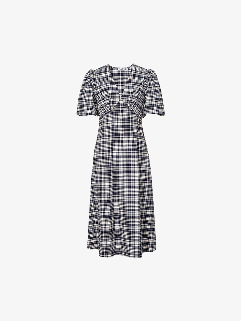 Women's Black and White Plaid V Neck X Shape Dress