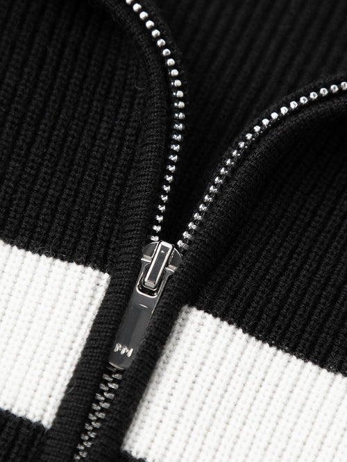 Carica immagine 1 in visualizzazione galleria. Women's Black Stripe Polo Zipper Neck Sleeveless Knitted Sweater、
