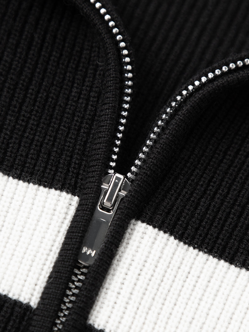 Women's Black Stripe Polo Zipper Neck Sleeveless Knitted Sweater、