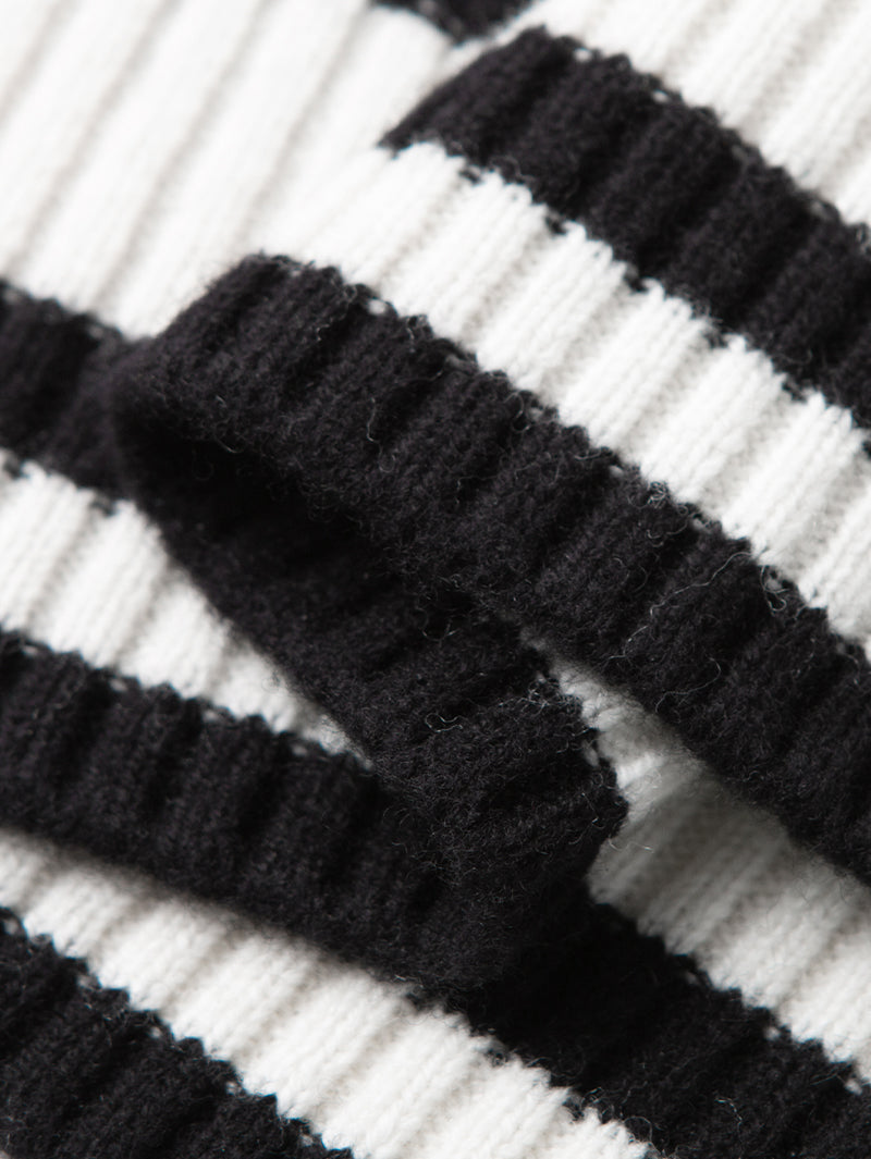 Women's Black White Stripe Turtleneck Long Sleeve Sweater Dress