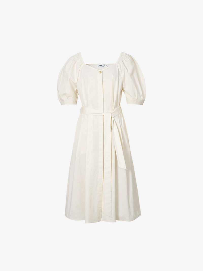 Women's Off-White Square Neck Puff Sleeves Button Down Belted Dress