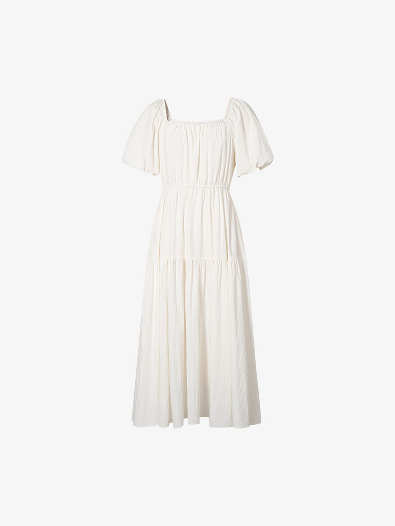 Women's Light Beige Square Neck Puff Sleeves Breathable Summer Dress
