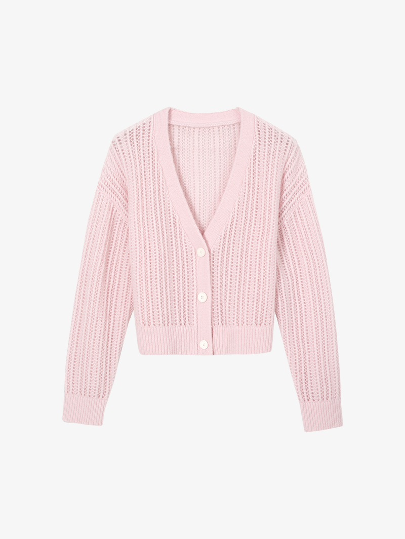 Women's Pink Sheep Wool V Neck Long Sleeve Knit Sweater