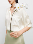 Women's White Classic Collar Short Sleeve Silk T-Shirt