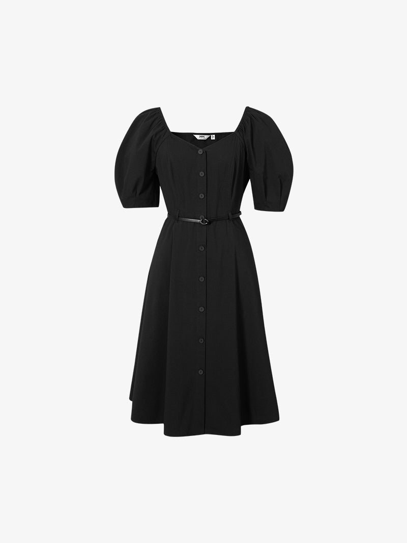 Women's Black Square Neck Puff Sleeves  Slim  Fit Cotton Dress