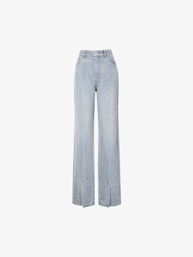 Women's Dark Blue Straight Fit Slit Design Denim Jeans