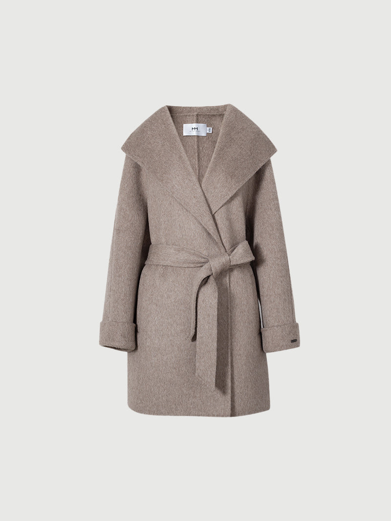 Women's Gray Camel Lapel Long Sleeves Wool Tie Belt Winter Coat