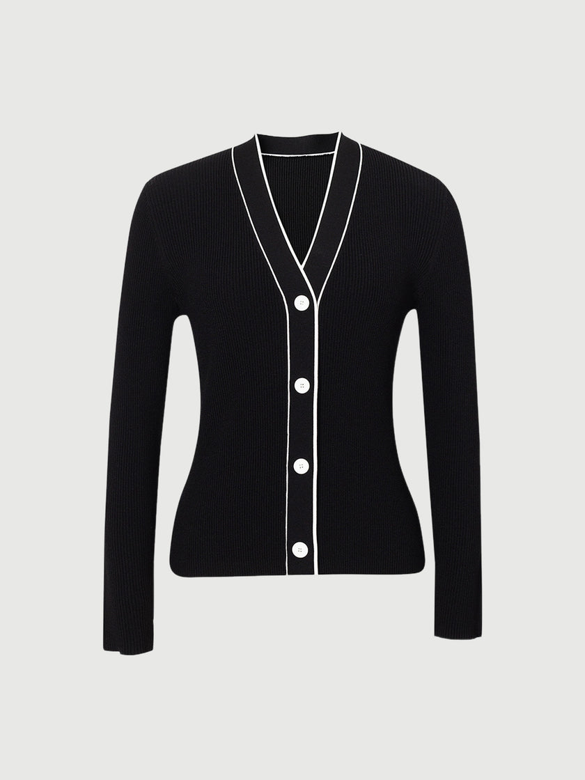 Pull noir à col en V, manches longues et boutons - Slim Fit