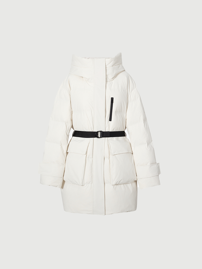 Women's White Waterproof Goose Mid-Length Puffer Jacket