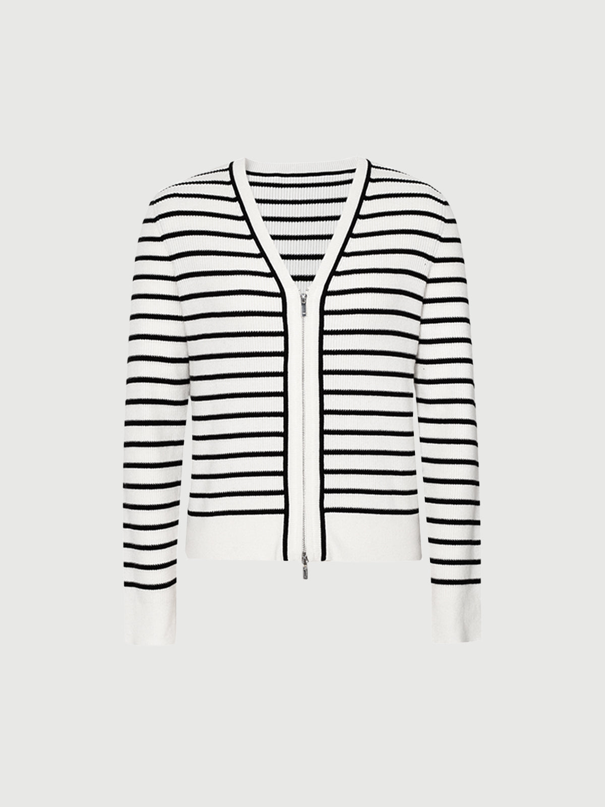 Women's White Black Stripes V Neck Button Down Knitwear Top