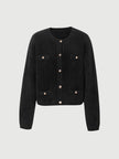 Black wool knit cardigan with round neck and buttons
