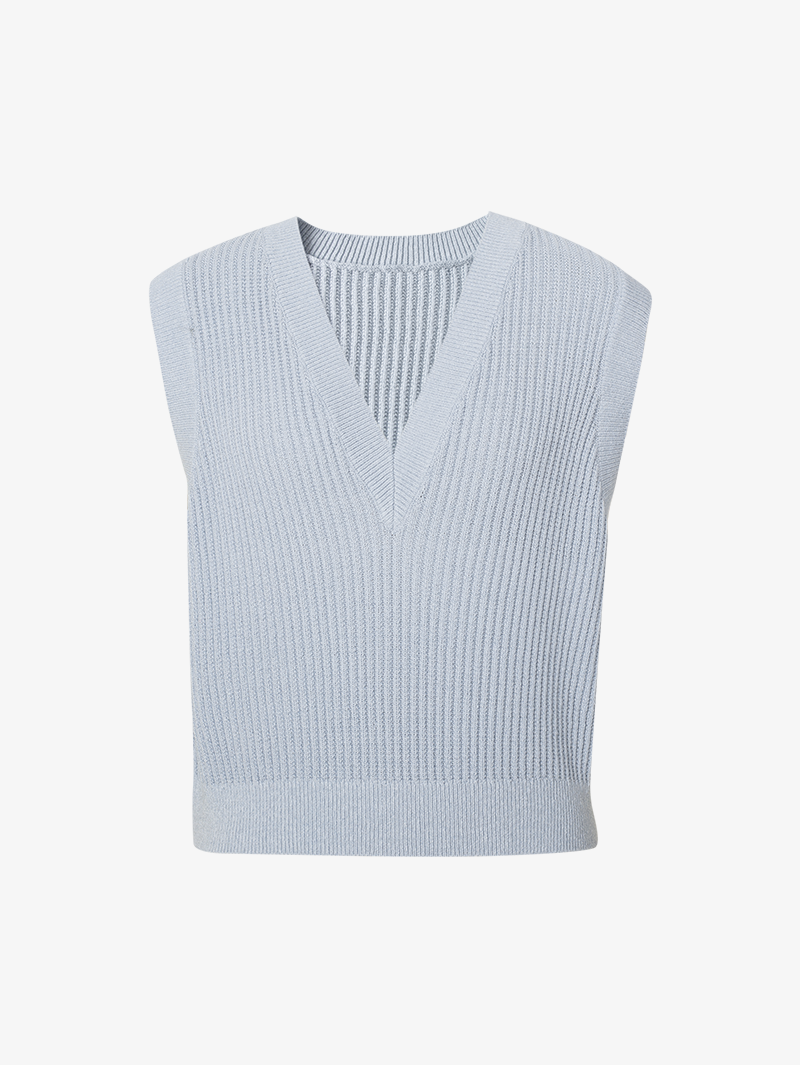 Women's Sky Blue V Neck Rib Pattern Knit Vest Sweater