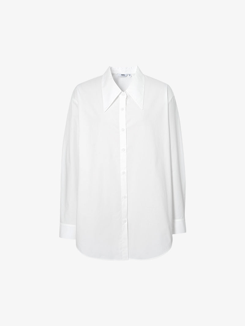 Women's White Classic Collar Long Sleeve 100% Cotton Round Hem Shirt