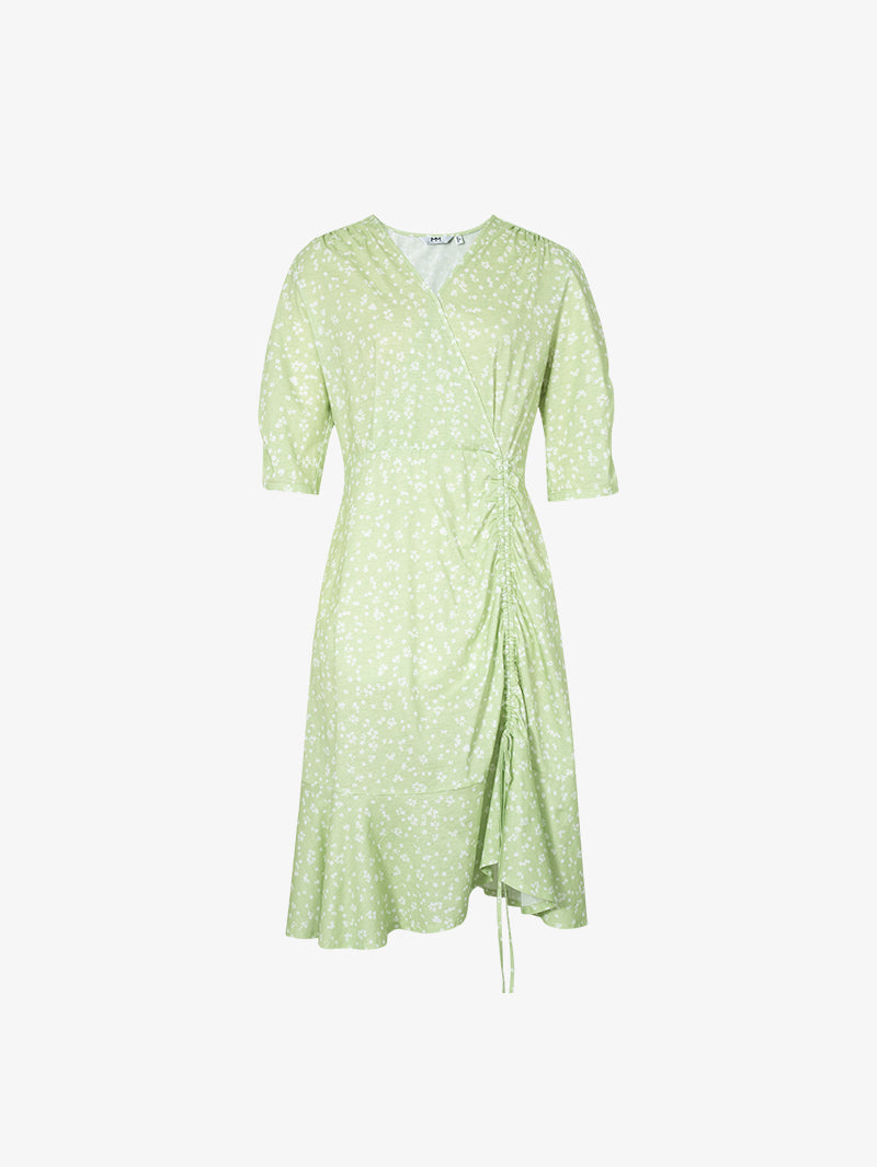Women's Floral Light Green V Neck A-Line 100% Cotton Wrap Dress