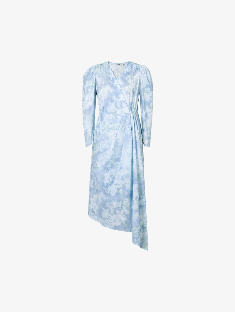 Women's Floral Sky Blue V Neck Pleated Waist Irregular Hem Dress