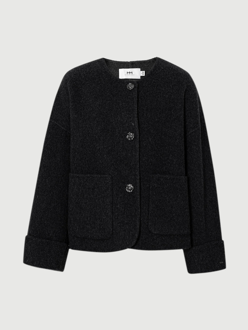 Wool-Camel Blend Round-Neck Short Jacket