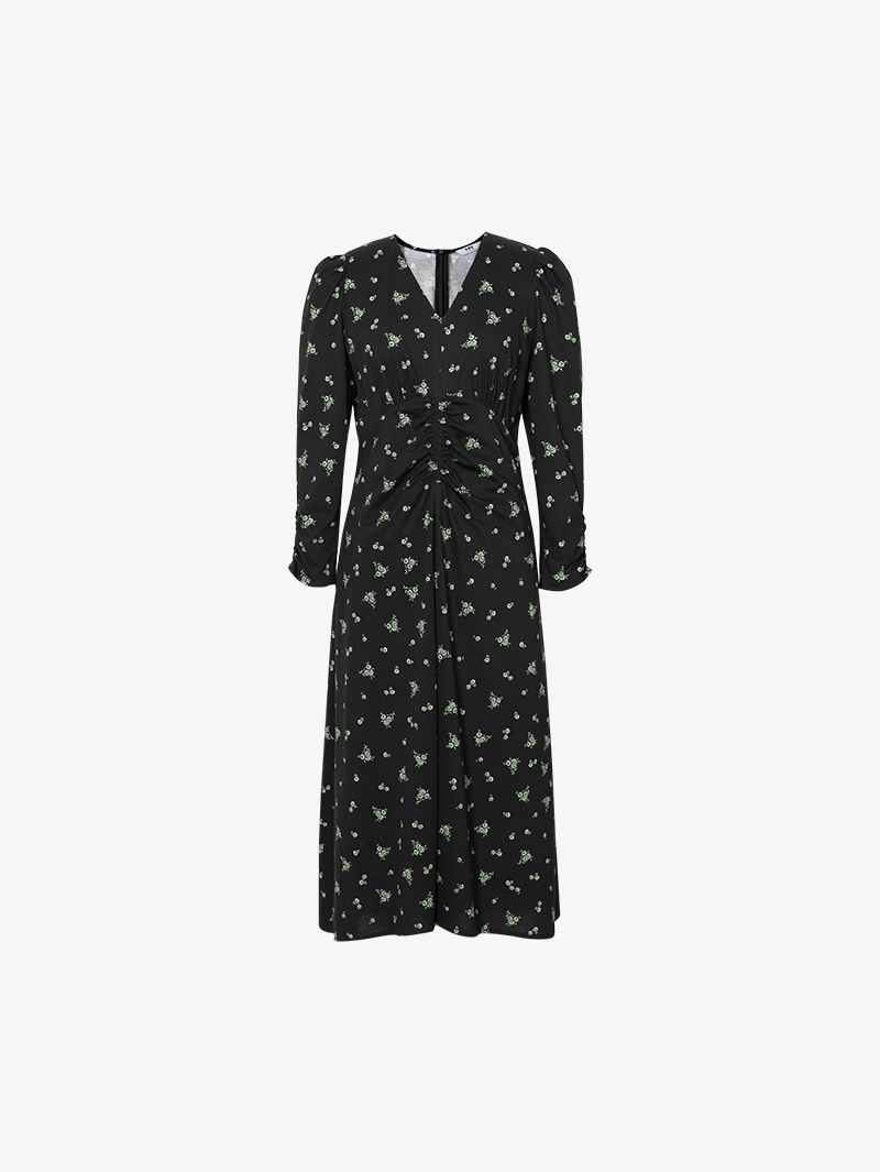 Black cotton mid-length dress with floral patterns