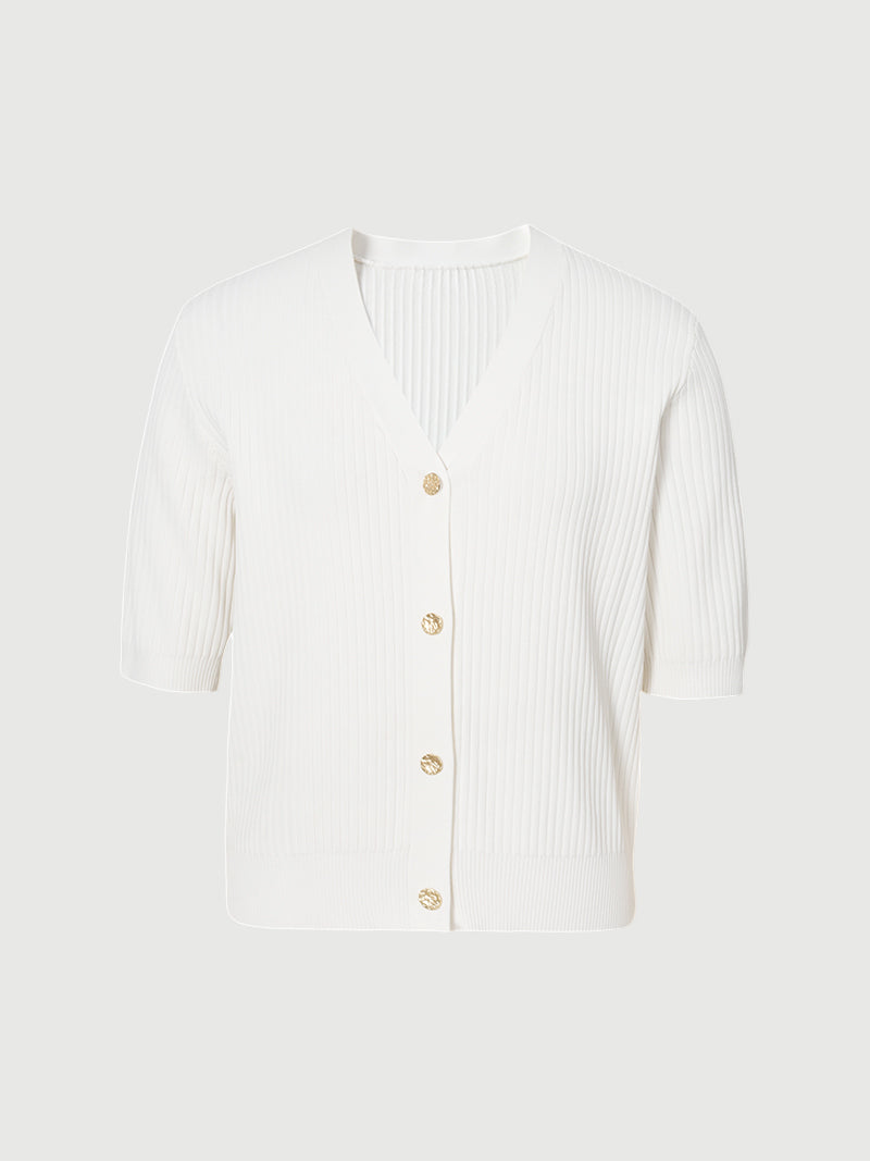 Women's Original White V Neck Short Sleeves Rib Pattern Knitwear Top