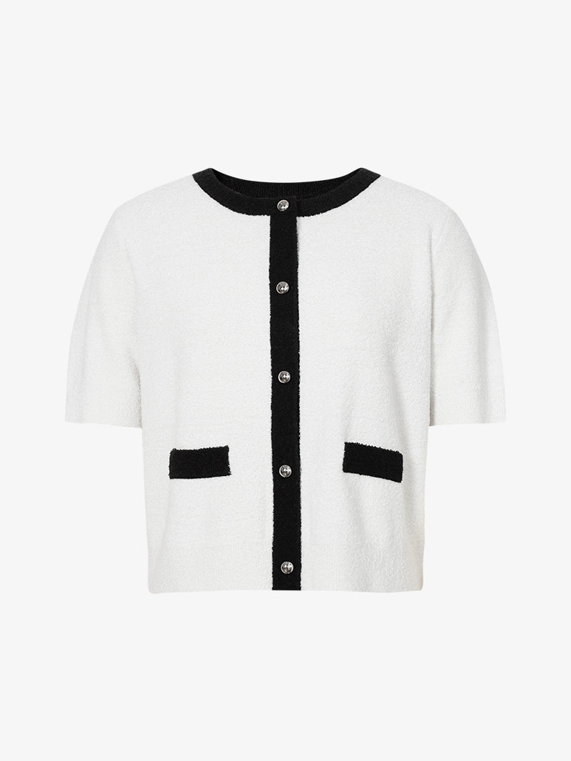 Women's White and Black Round Neck Short Sleeves Knit Top