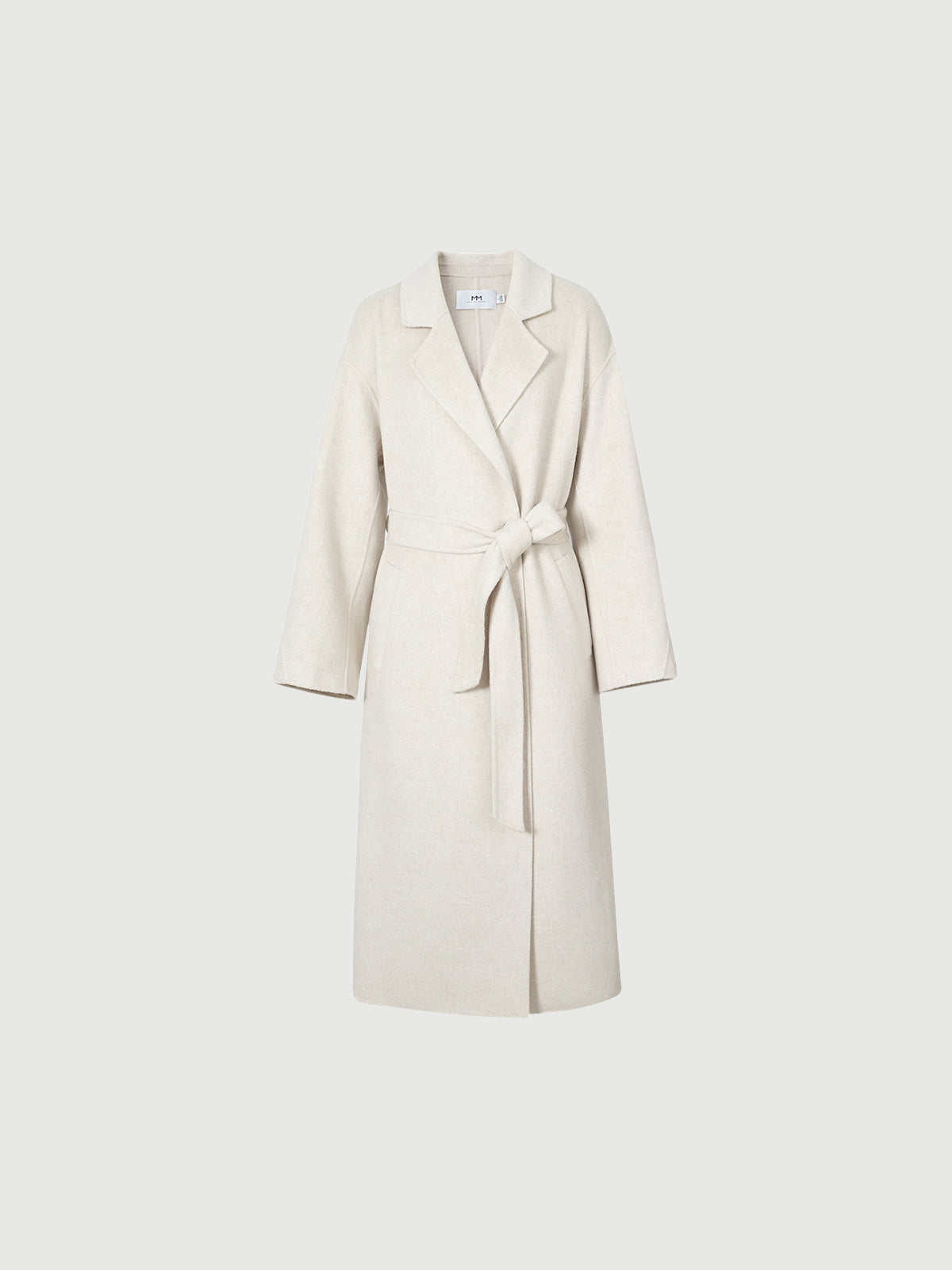 Women's Natural White Notch Lapel Wool Tie Belt Winter Coat