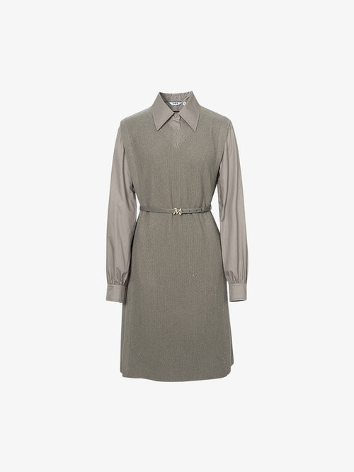 Load image 1 in gallery view. Women's Brown Classic Collar Long Sleeve Wool Vest Splicing Dress