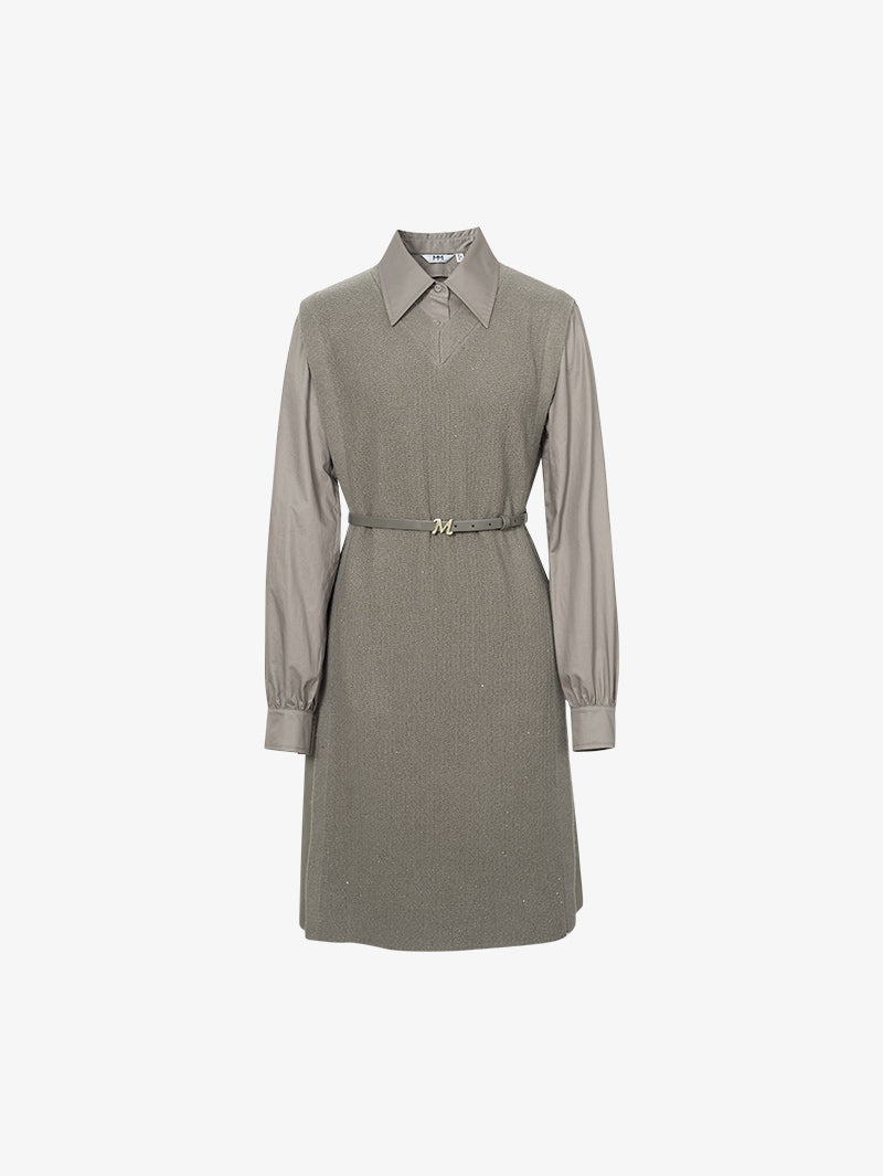 Women's Brown Classic Collar Long Sleeve Wool Vest Splicing Dress