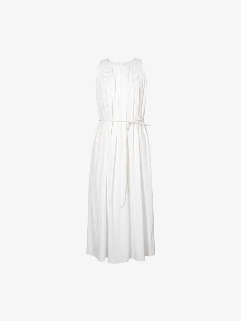 Women's Off-White Round Neck Sleeveless Belted Dress