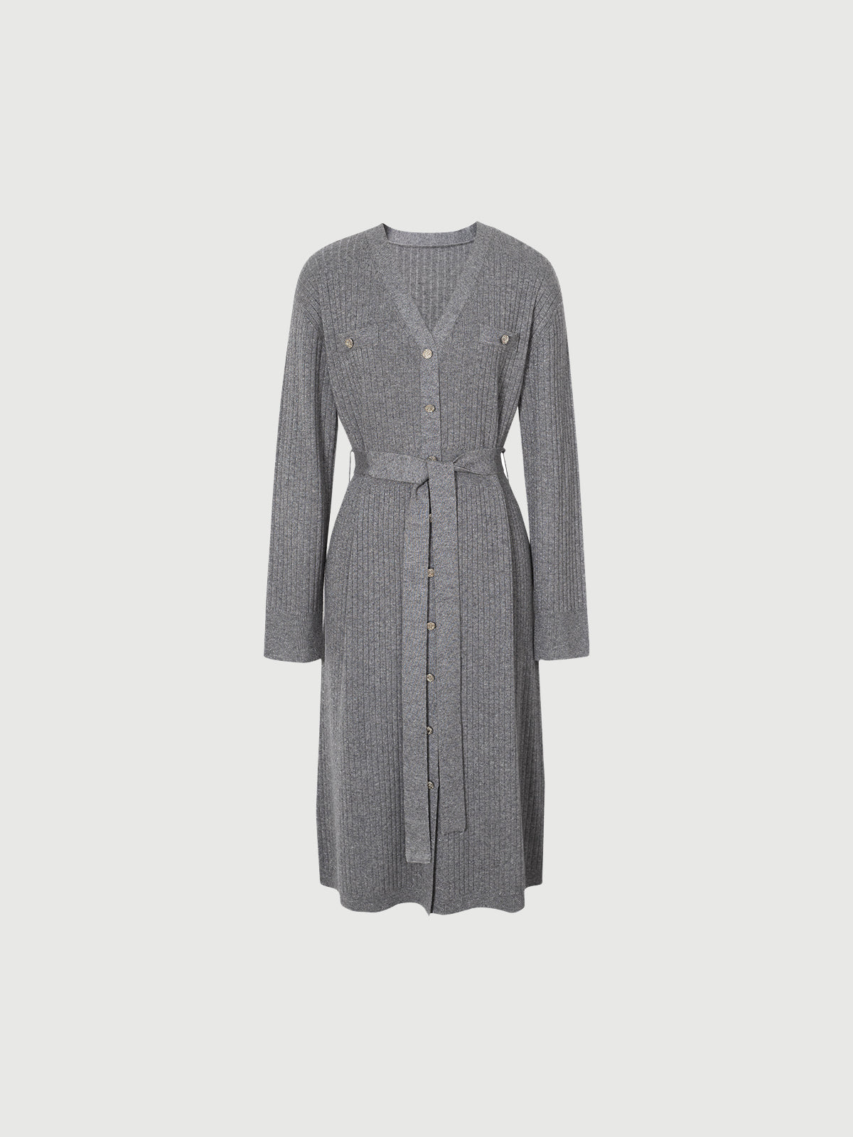 Women's Rock Gray V Neck Rib Knit Tie Belt Jersey Dress