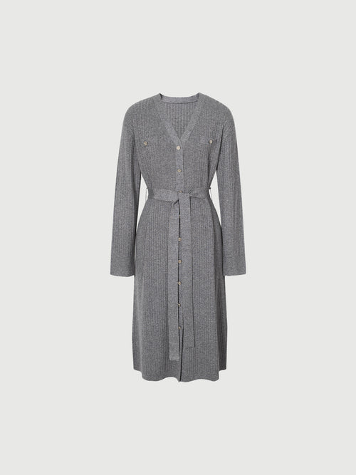 Load image 1 in gallery view. Women's Rock Gray V Neck Rib Knit Tie Belt Jersey Dress