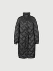 Black mid-length down jacket with hood and belt